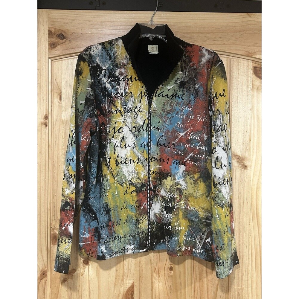 Jess & Jane Women’s Jacket Full Zip Rhinestones Multi Color Abstract Artistic L
